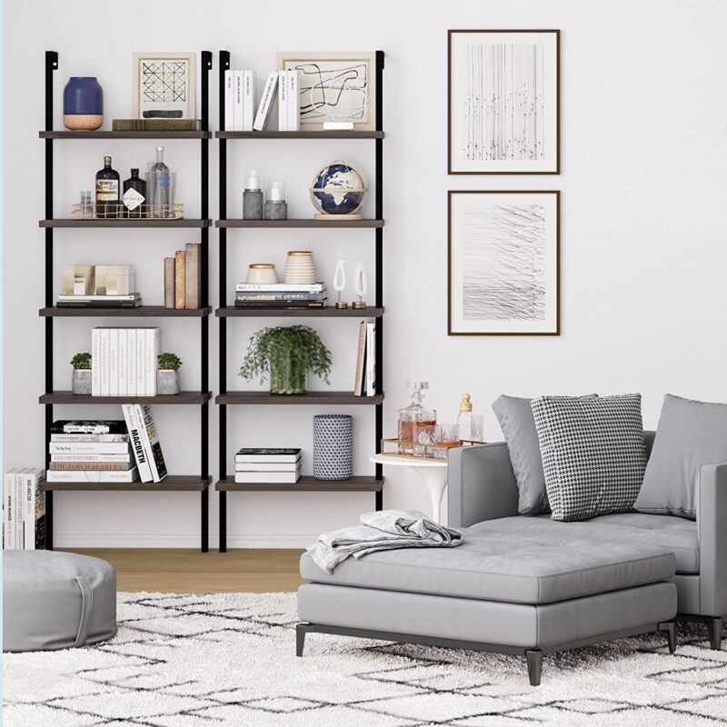 Nathan James Theo 5 - Shelf Ladder Bookcase Rustic Dark Walnut Brown Wood Black Metal Frame - Image 5