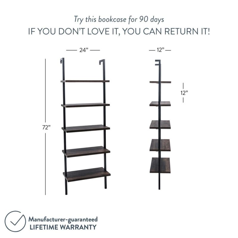 Nathan James Theo 5 - Shelf Ladder Bookcase Rustic Dark Walnut Brown Wood Black Metal Frame - Image 3