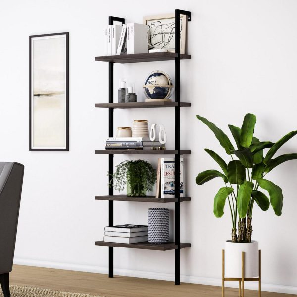 Nathan James Theo 5 - Shelf Ladder Bookcase Rustic Dark Walnut Brown Wood Black Metal Frame