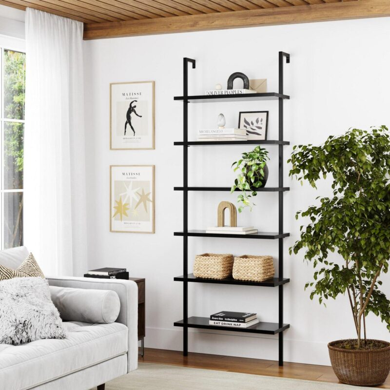 Nathan James Theo 6-Shelf Tall Bookcase, Wall Mount Bookshelf Wood Shelves and Metal Frame, Matte Black - Image 2