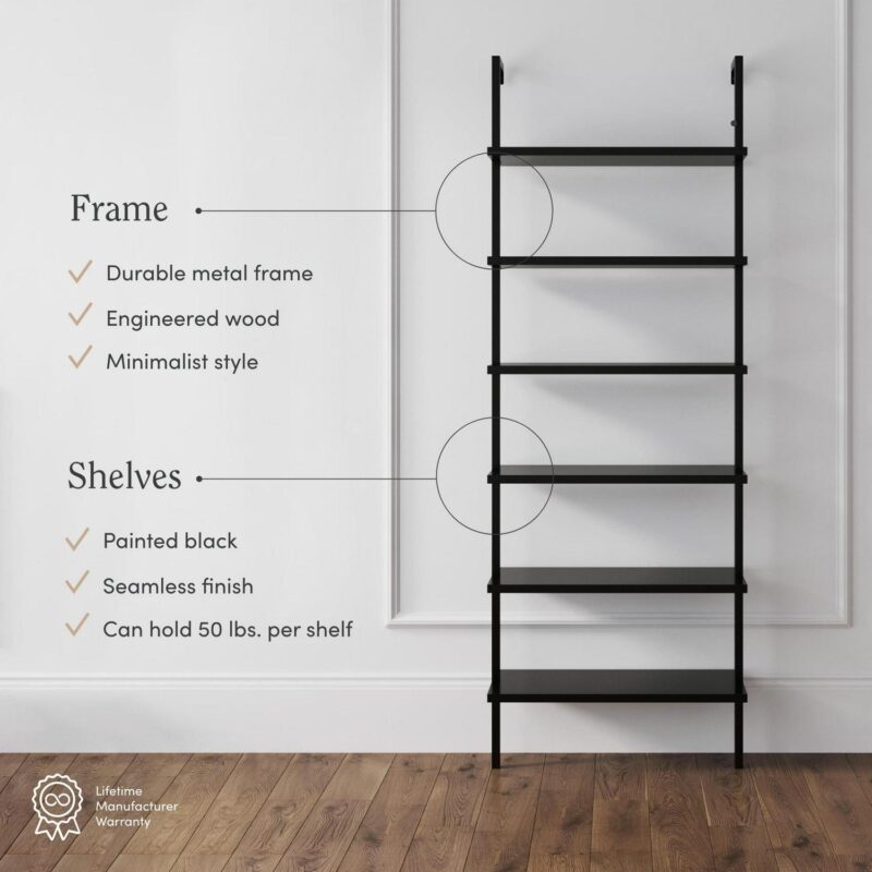 Nathan James Theo 6-Shelf Tall Bookcase, Wall Mount Bookshelf Wood Shelves and Metal Frame, Matte Black - Image 3