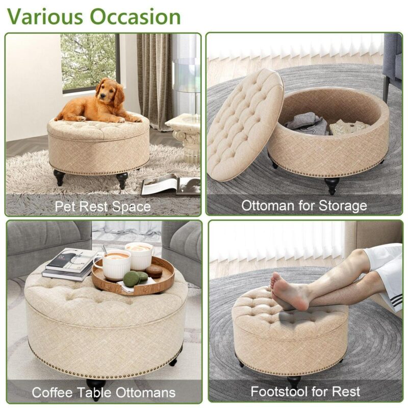 Nathaniel Home, 30  Round Storage Ottoman Footstool with Removable Lid, Button Tufted Ottoman Coffee Table with Legs, Large Ottoman with Storage for Bedroom, Light Brown - Image 2