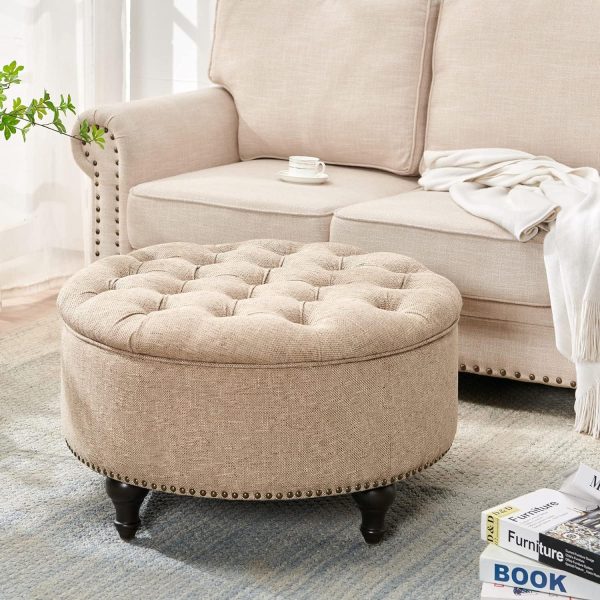 Nathaniel Home, 30  Round Storage Ottoman Footstool with Removable Lid, Button Tufted Ottoman Coffee Table with Legs, Large Ottoman with Storage for Bedroom, Light Brown