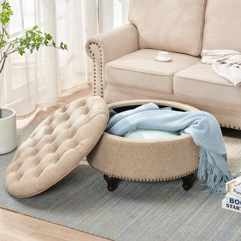 Nathaniel Home, 30  Round Storage Ottoman Footstool with Removable Lid, Button Tufted Ottoman Coffee Table with Legs, Large Ottoman with Storage for Bedroom, Light Brown - Image 4