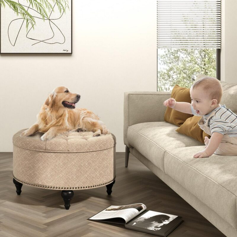 Nathaniel Home, 30  Round Storage Ottoman Footstool with Removable Lid, Button Tufted Ottoman Coffee Table with Legs, Large Ottoman with Storage for Bedroom, Light Brown - Image 3