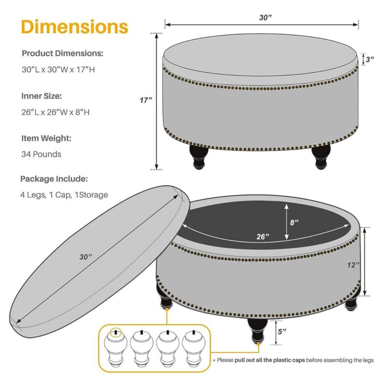 Nathaniel Home, 30  Round Storage Ottoman Footstool with Removable Lid, Button Tufted Ottoman Coffee Table with Legs, Large Ottoman with Storage for Bedroom, Light Brown - Image 6