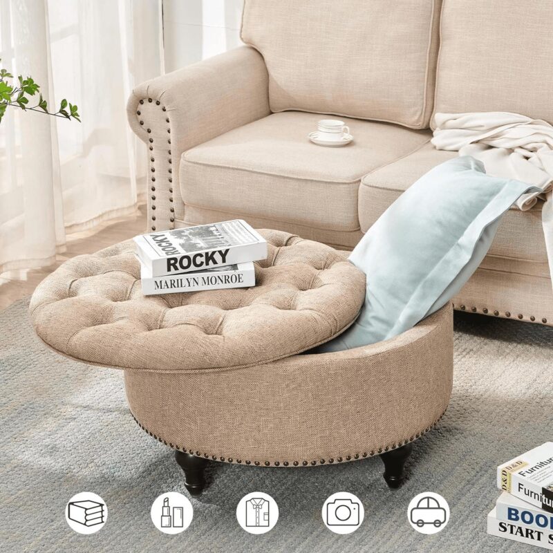 Nathaniel Home, 30  Round Storage Ottoman Footstool with Removable Lid, Button Tufted Ottoman Coffee Table with Legs, Large Ottoman with Storage for Bedroom, Light Brown - Image 5