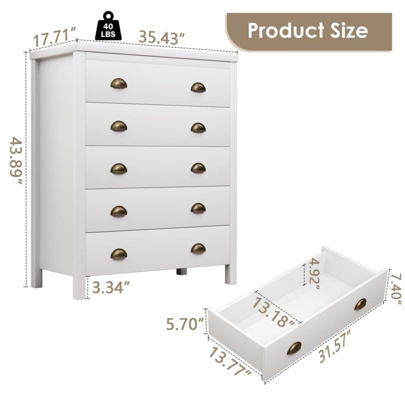 Nathaniel Home 5 Drawer Dresser, Modern Chest of Drawers, Large Capacity Storage Cabinet for Bedroom, Dressers Organizer for Hallway White - Image 5