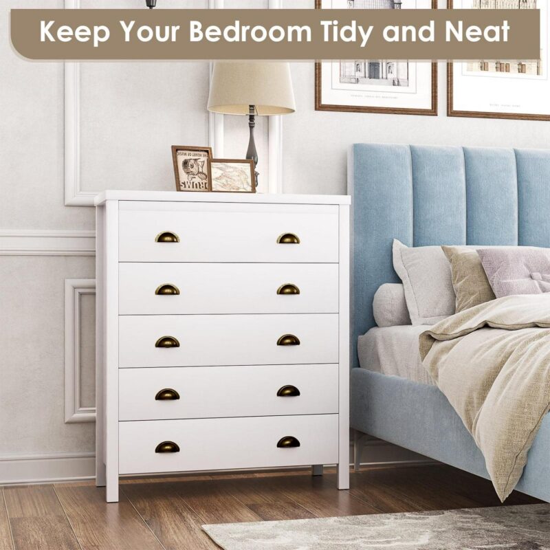 Nathaniel Home 5 Drawer Dresser, Modern Chest of Drawers, Large Capacity Storage Cabinet for Bedroom, Dressers Organizer for Hallway White - Image 2