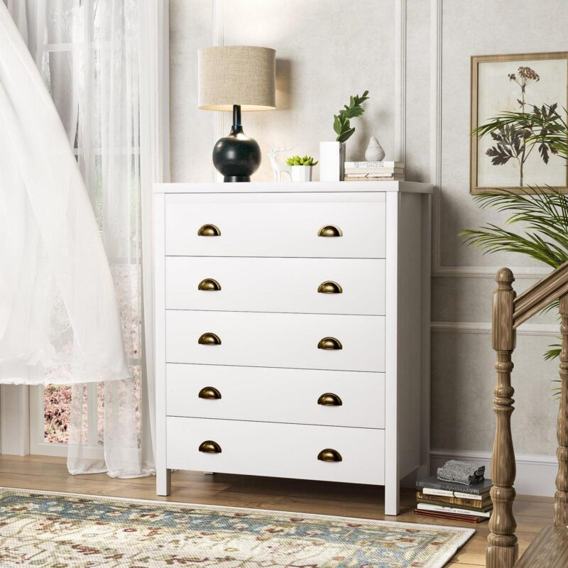 Nathaniel Home 5 Drawer Dresser, Modern Chest of Drawers, Large Capacity Storage Cabinet for Bedroom, Dressers Organizer for Hallway White - Image 3