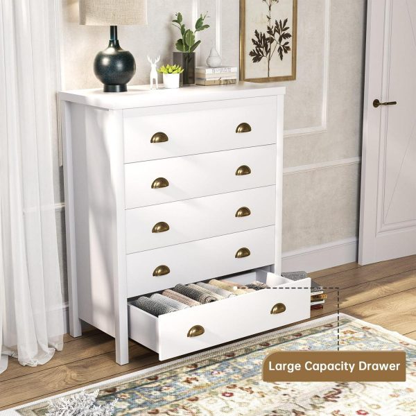 Nathaniel Home 5 Drawer Dresser, Modern Chest of Drawers, Large Capacity Storage Cabinet for Bedroom, Dressers Organizer for Hallway White