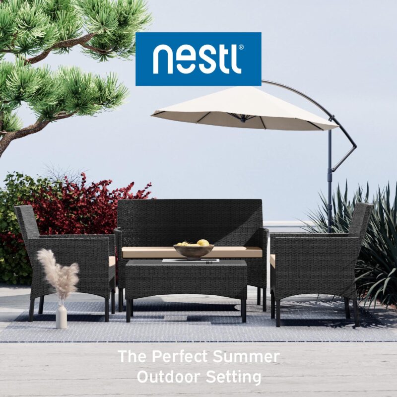 Nestl 4-Piece Outdoor Patio Furniture Set, Wicker Patio Conversation Set, Black/Beige - Image 4