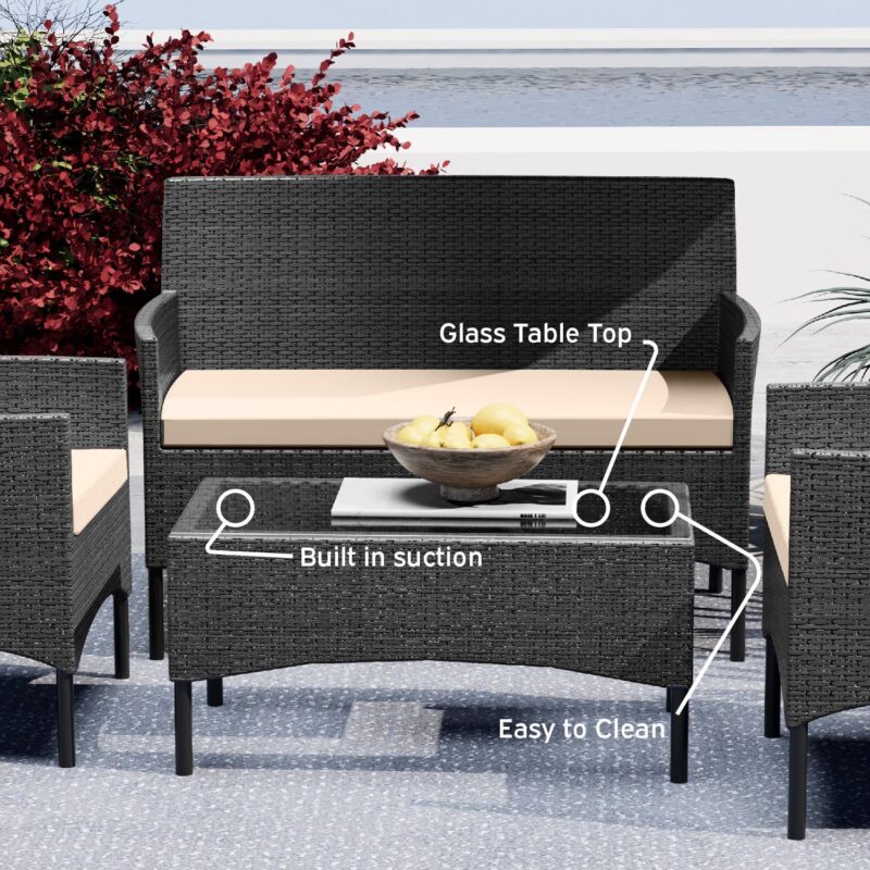 Nestl 4-Piece Outdoor Patio Furniture Set, Wicker Patio Conversation Set, Black/Beige - Image 3