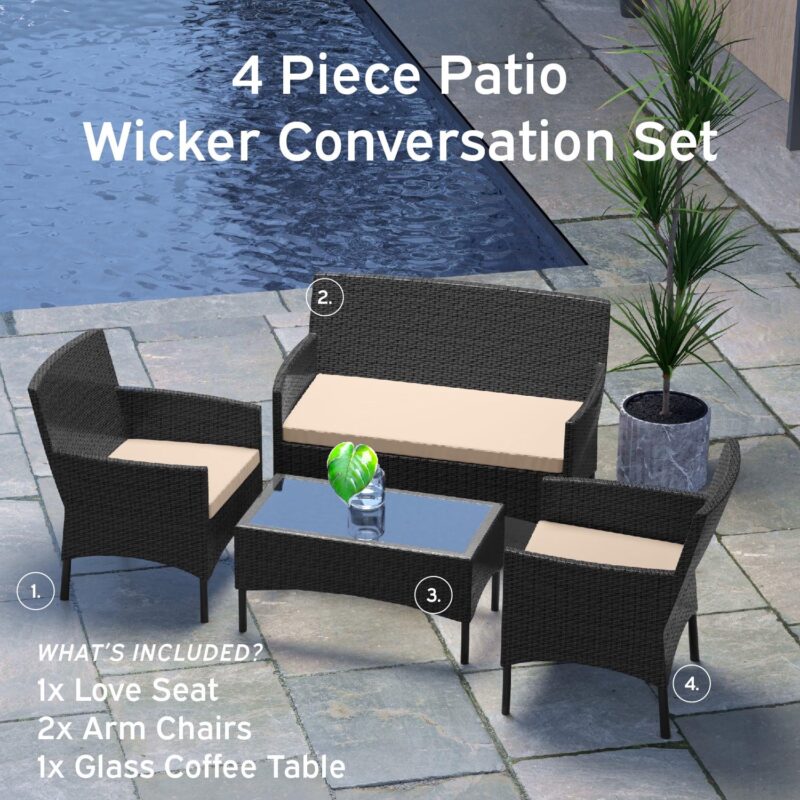 Nestl 4-Piece Outdoor Patio Furniture Set, Wicker Patio Conversation Set, Black/Beige - Image 2
