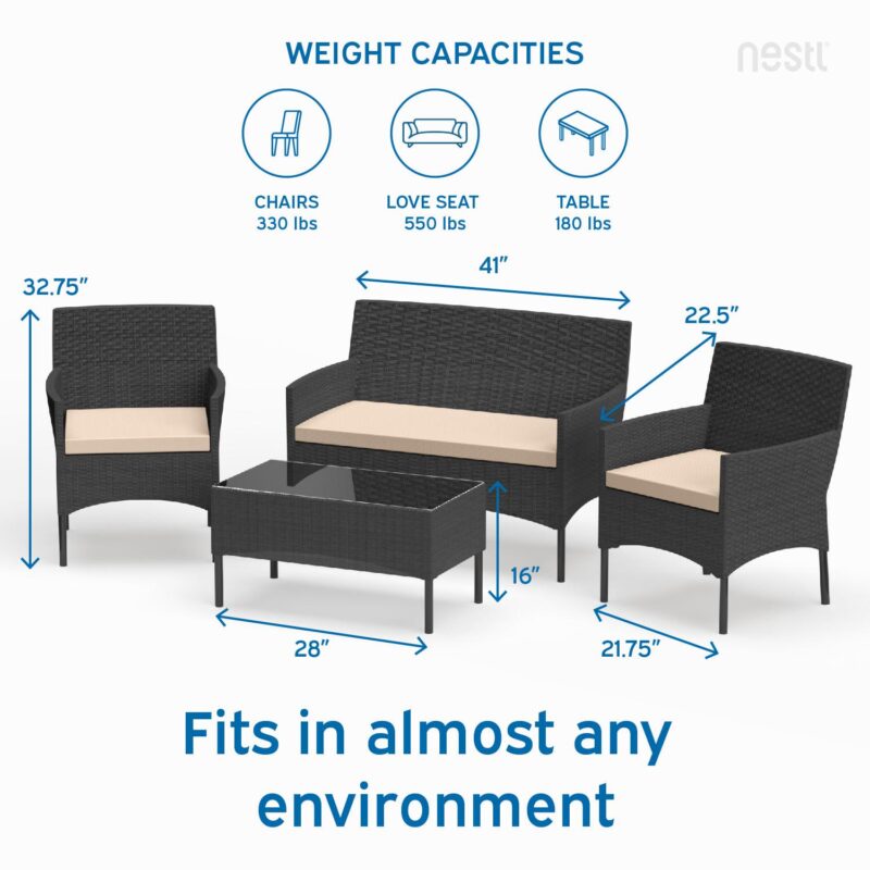 Nestl 4-Piece Outdoor Patio Furniture Set, Wicker Patio Conversation Set, Black/Beige - Image 5