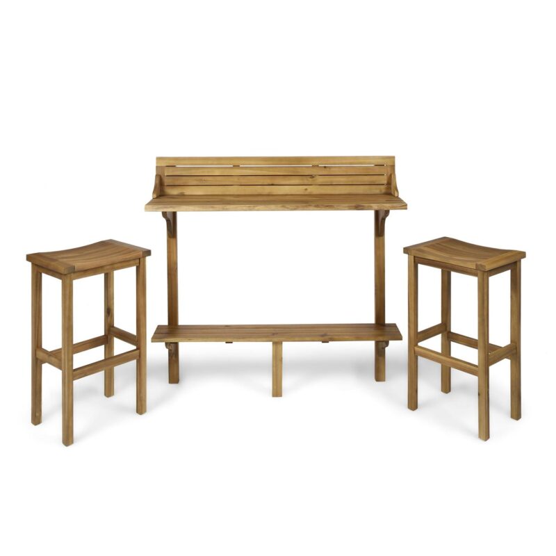 Noble House 3 Pcs Acacia Wood Balcony Bar Table and Stool Set, Natural Stained - Image 2