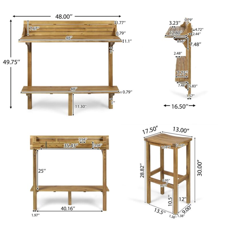Noble House 3 Pcs Acacia Wood Balcony Bar Table and Stool Set, Natural Stained - Image 3