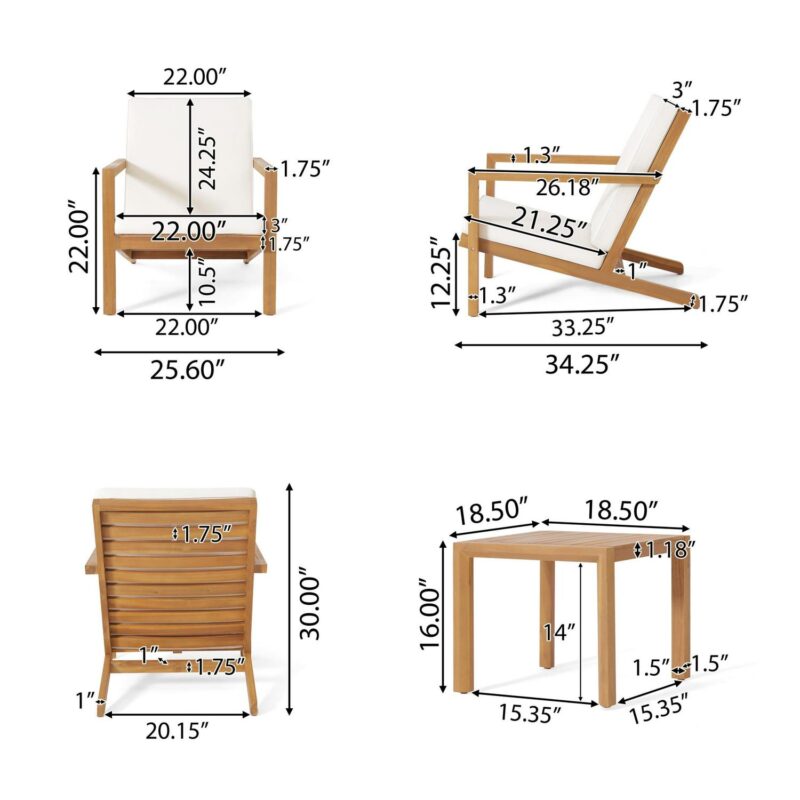 Noble House Acacia Wood Removable Outdoor Chat Set with Cushion, Teak / Cream - Image 3
