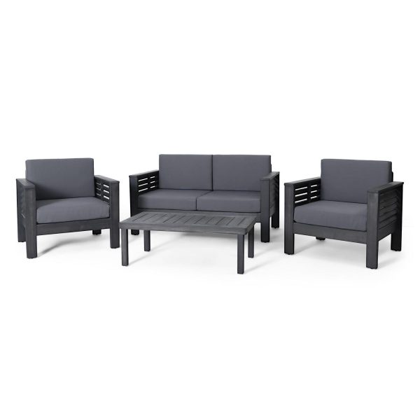 Noble House Acacia Wood 4-Pieces Outdoor Chat Set with Cushions, Dark Gray/Gray