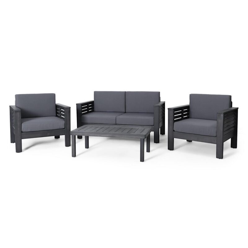 Noble House Acacia Wood 4-Pieces Outdoor Chat Set with Cushions, Dark Gray/Gray