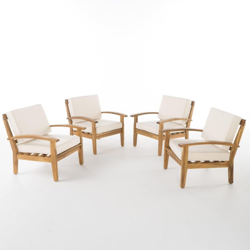 Noble House Aletta Outdoor Teak Finish Wooden Club Chairs with Cushions, Beige Set of 4 - Image 9