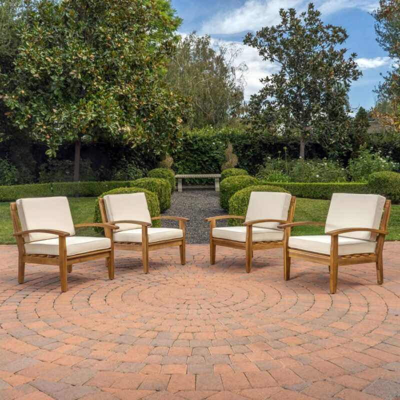 Noble House Aletta Outdoor Teak Finish Wooden Club Chairs with Cushions, Beige Set of 4 - Image 2