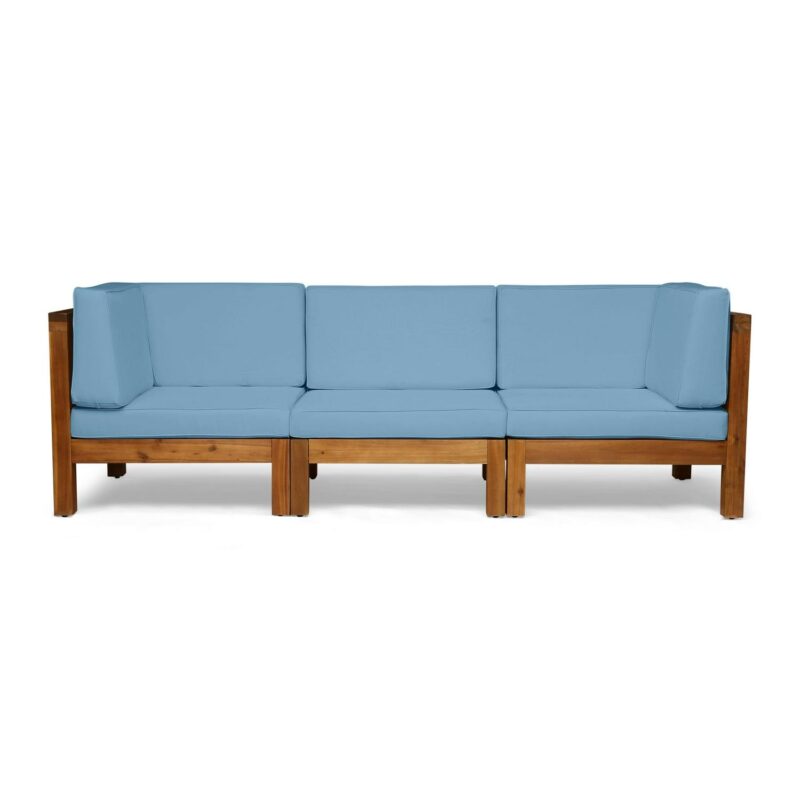 Noble House Brava Outdoor Modular Acacia Wood Sofa with Cushions Teak and Blue - Image 5