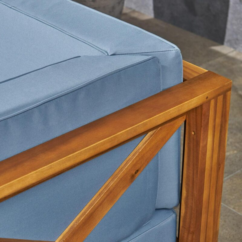 Noble House Brava Outdoor Modular Acacia Wood Sofa with Cushions Teak and Blue - Image 2
