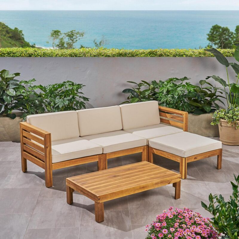 Noble House Cambridge Outdoor 5-Pc Acacia Wood Sofa Set Teak and Beige - Image 2