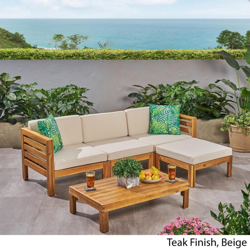 Noble House Cambridge Outdoor 5-Pc Acacia Wood Sofa Set Teak and Beige - Image 10