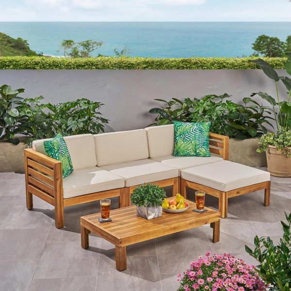 Noble House Cambridge Outdoor 5-Pc Acacia Wood Sofa Set Teak and Beige