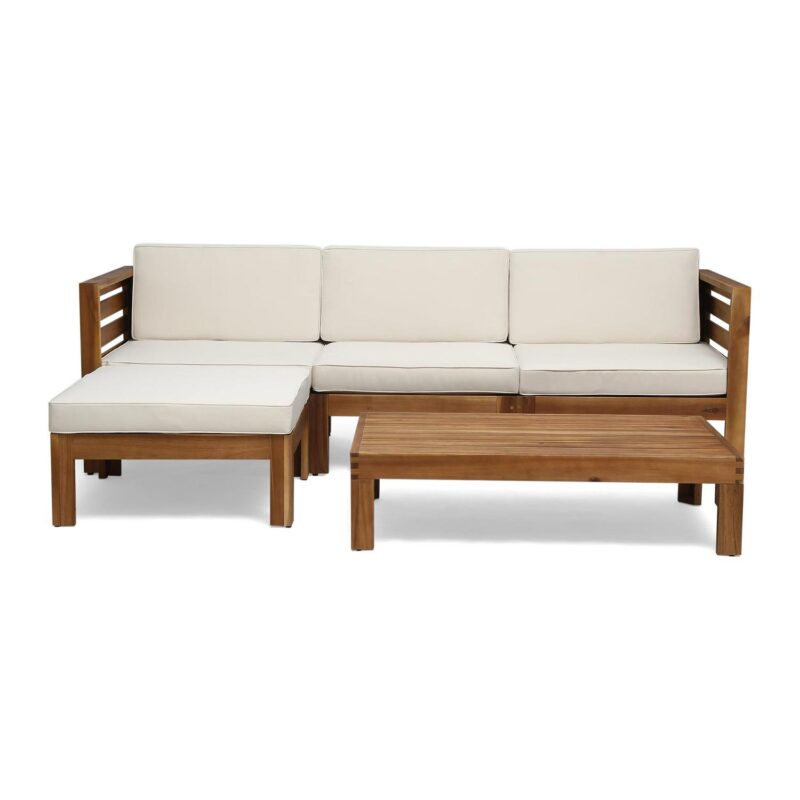 Noble House Cambridge Outdoor 5-Pc Acacia Wood Sofa Set Teak and Beige - Image 17