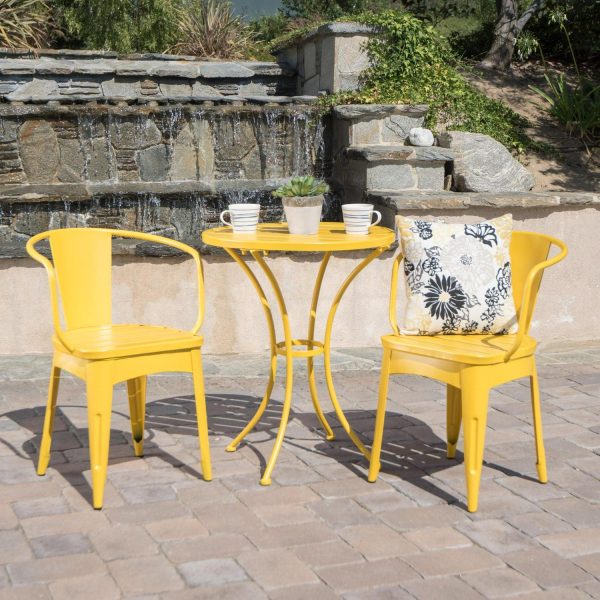 Noble House Colmar Outdoor Iron 3 Piece Bistro Set in Matte Yellow