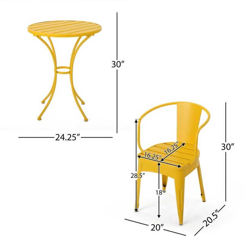 Noble House Colmar Outdoor Iron 3 Piece Bistro Set in Matte Yellow - Image 3