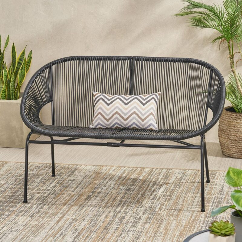 Noble House Condessa Patio PE Rattan Hammock Weave Loveseat Bench in Black - Image 2