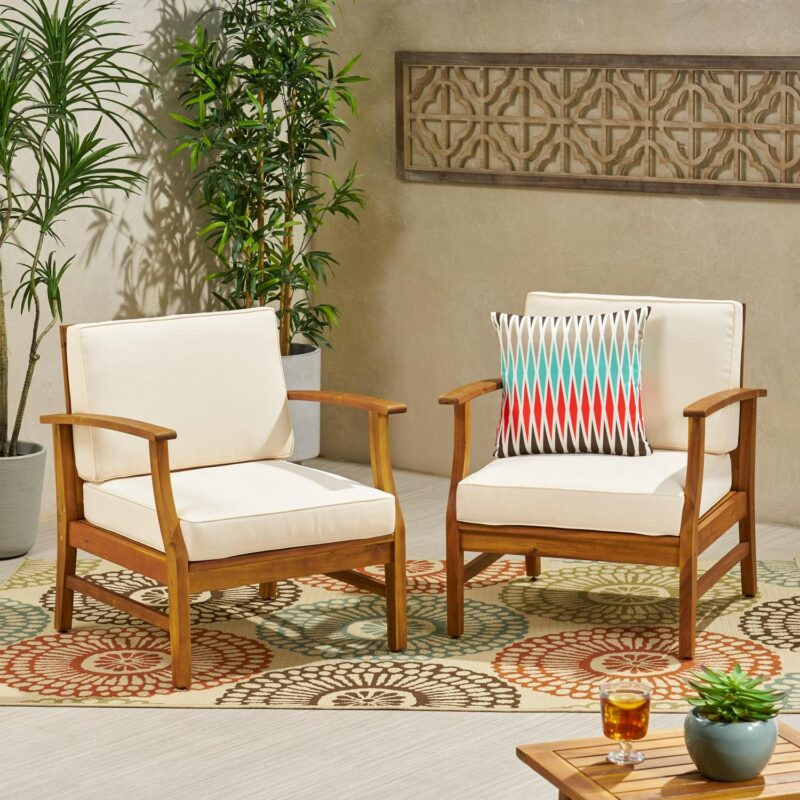 Noble House Contemporary Acacia Wood Club Chairs, Water-Resistant Cushions, Teak/Cream (Set of 2) - Image 2
