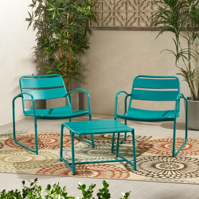 Noble House Cowan 3 Piece Outdoor Conversation Set in Matte Teal - Image 2