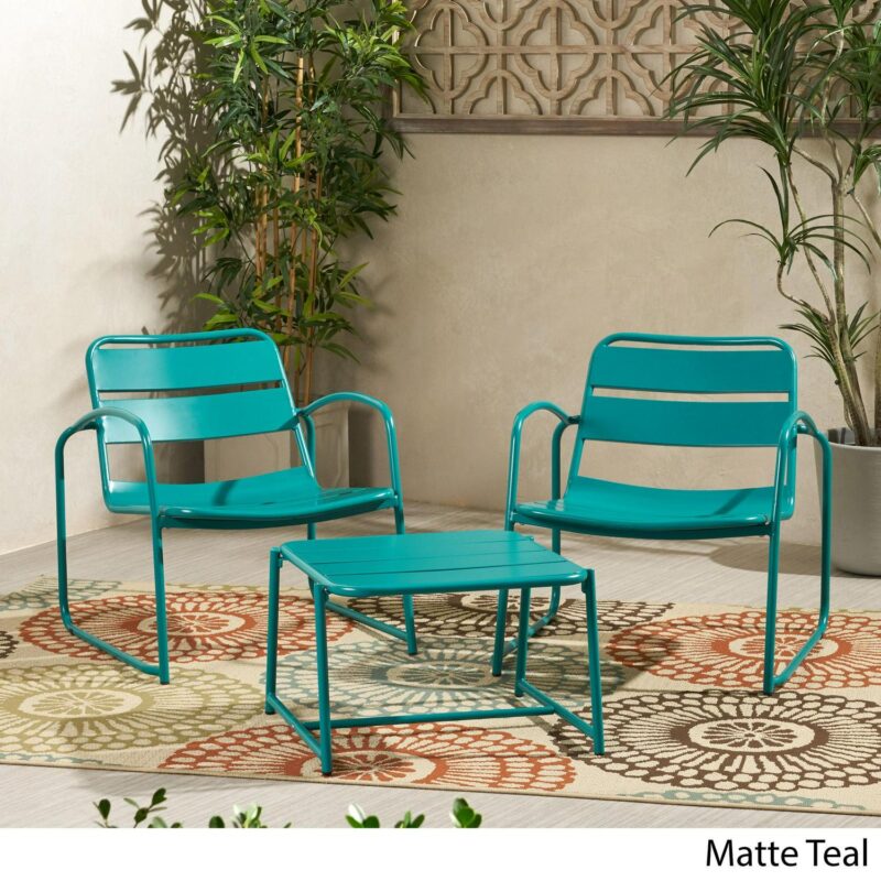 Noble House Cowan 3 Piece Outdoor Conversation Set in Matte Teal - Image 3