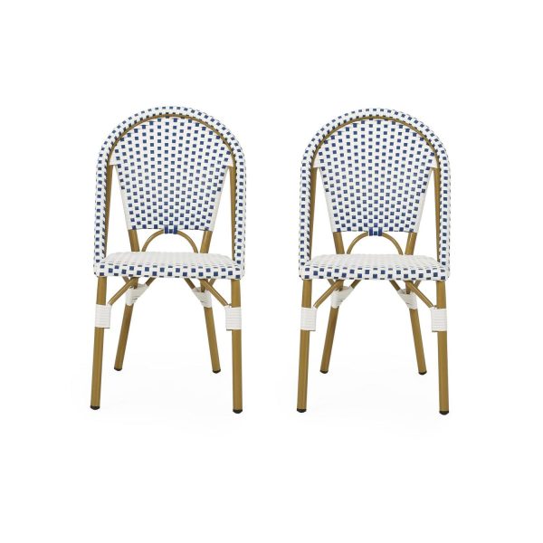 Noble House Elize Aluminum and Faux Rattan Bistro Chairs in Blue/White (Set of 2)