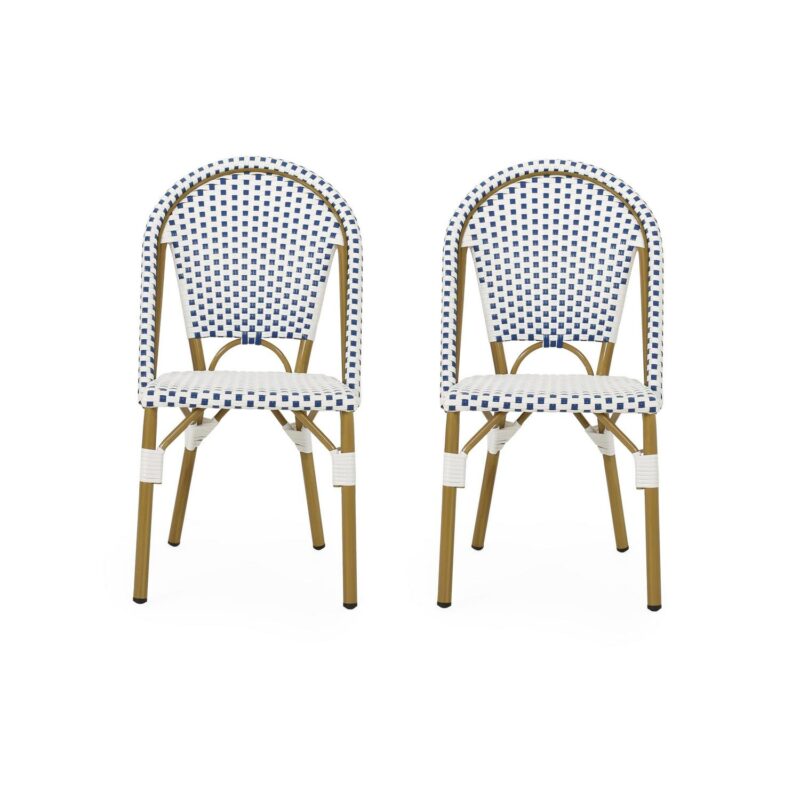 Noble House Elize Aluminum and Faux Rattan Bistro Chairs in Blue/White (Set of 2)