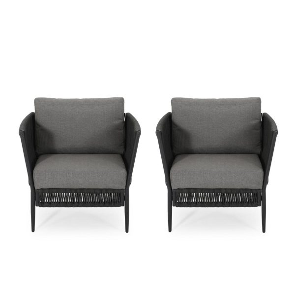Noble House Evelee Outdoor Rope Club Chair with Cushions, Set of 2, Black and Gray
