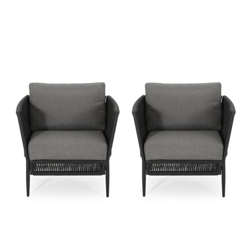 Noble House Evelee Outdoor Rope Club Chair with Cushions, Set of 2, Black and Gray