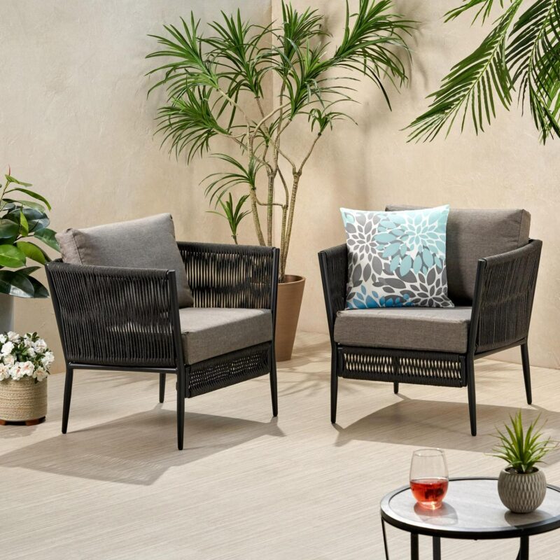 Noble House Evelee Outdoor Rope Club Chair with Cushions, Set of 2, Black and Gray - Image 2