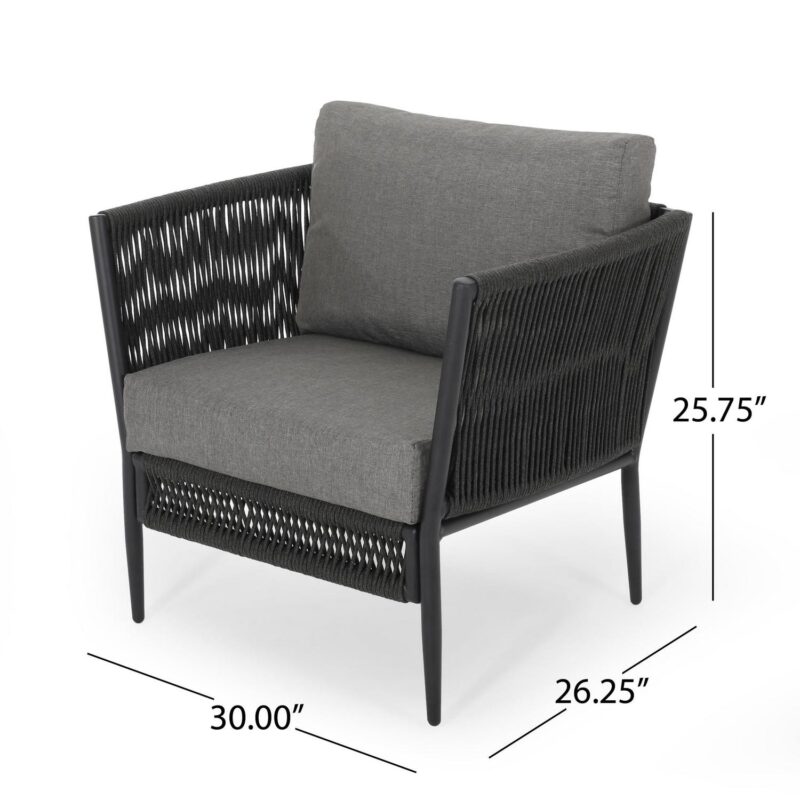 Noble House Evelee Outdoor Rope Club Chair with Cushions, Set of 2, Black and Gray - Image 9