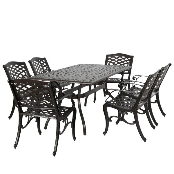 Noble House Hammond Hammered Bronze Cast Aluminum 7-Piece Rectangular Outdoor Dining Set