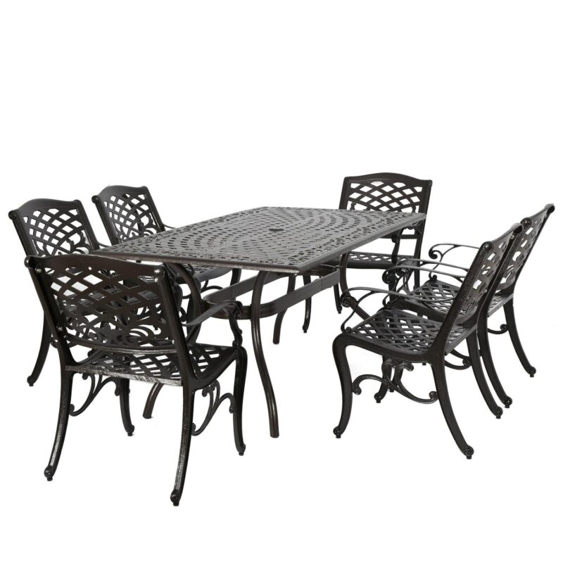 Noble House Hammond Hammered Bronze Cast Aluminum 7-Piece Rectangular Outdoor Dining Set