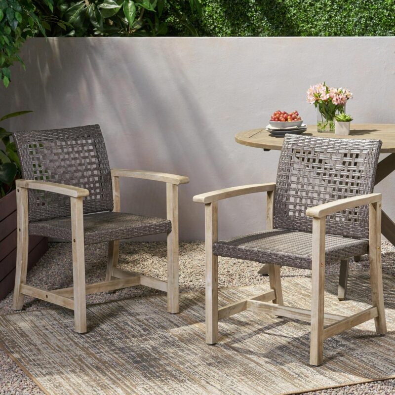 Noble House Hampton Outdoor Acacia Wood Dining Chair in Light Gray (Set of 2) - Image 3