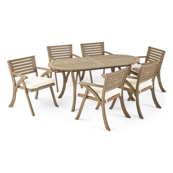 Noble House Hermosa 7 Piece Wooden Oval Patio Dining Set in Gray and Cream
