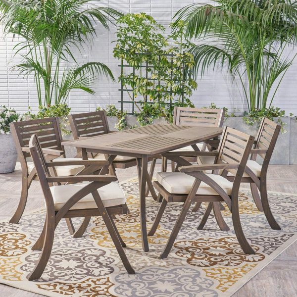 Noble House Hermosa 7 Piece Traditional Outdoor Dining Table Set, Gray/Cream