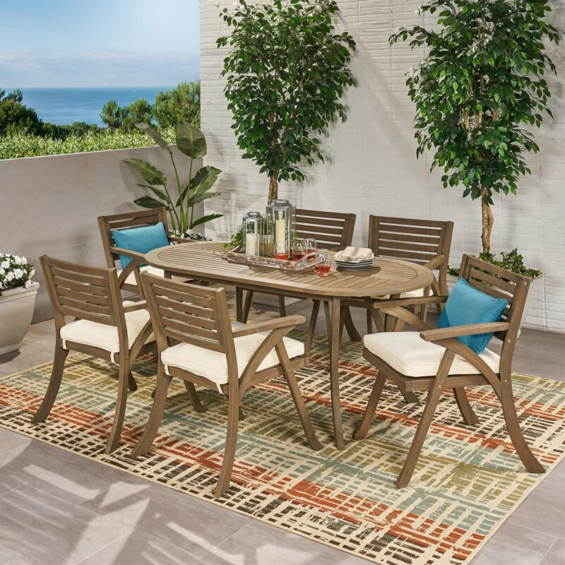 Noble House Hermosa 7 Piece Wooden Oval Patio Dining Set in Gray and Cream - Image 2